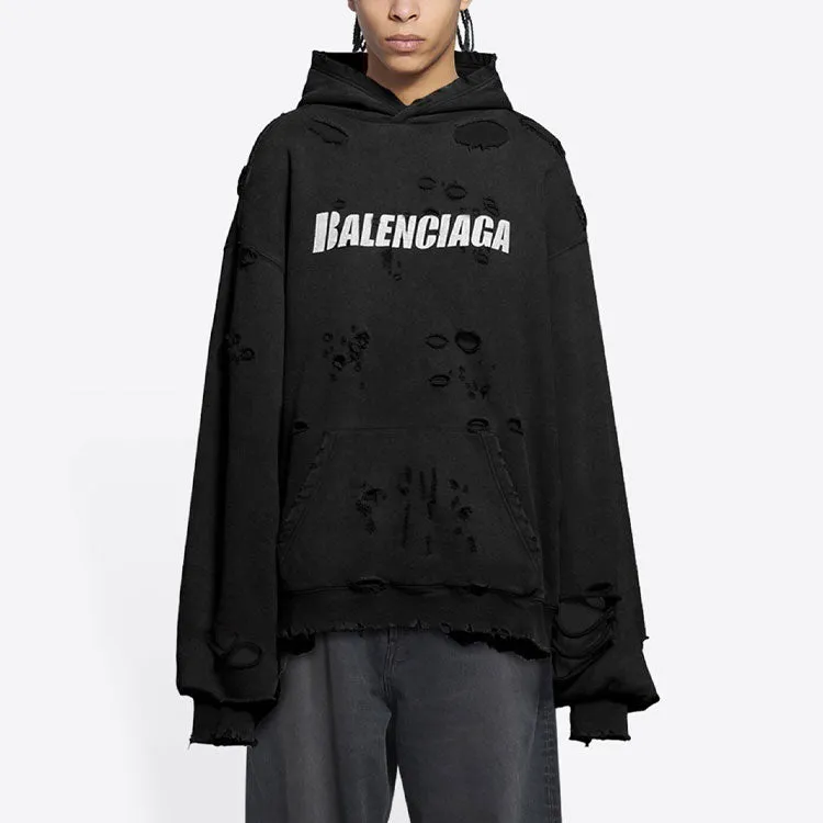 Balenciaga Caps Destroyed Hoodie 'Black White' 659403TKVB61093 sold by KicksCrew product image thumbnail 4