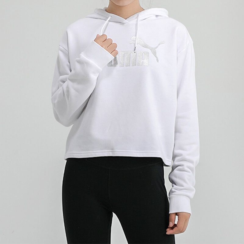 (WMNS) Puma Essentials+ Cropped Metallic Logo Fleece Hoodie 'White Silver' 586922-52 sold by KicksCrew product image thumbnail 3