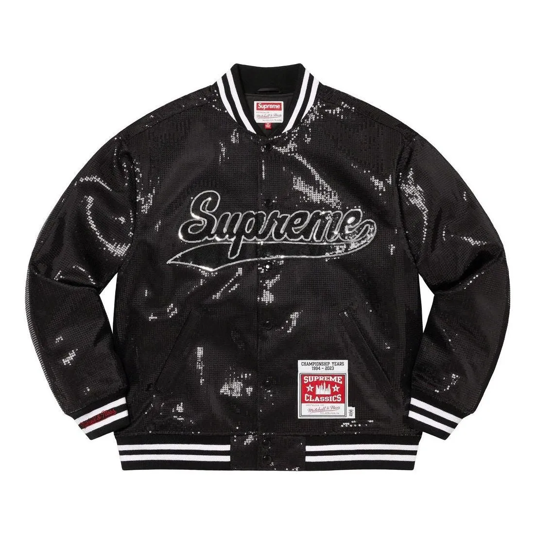 Supreme x Mitchell & Ness Sequin Varsity Jacket 'Black White' SUP-SS23-034 sold by KicksCrew