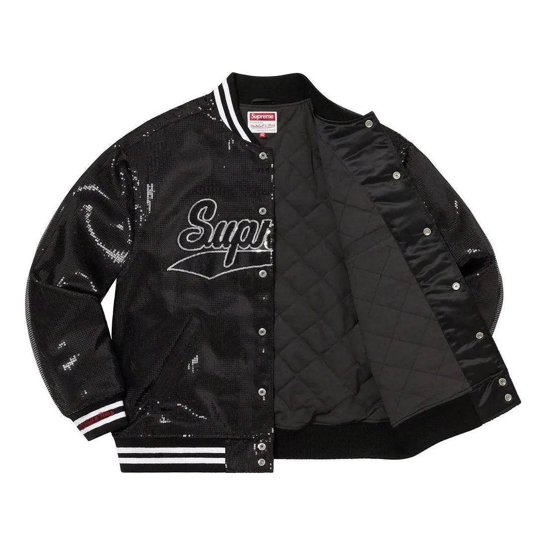 Supreme x Mitchell & Ness Sequin Varsity Jacket 'Black White' SUP-SS23-034 sold by KicksCrew product image thumbnail 3