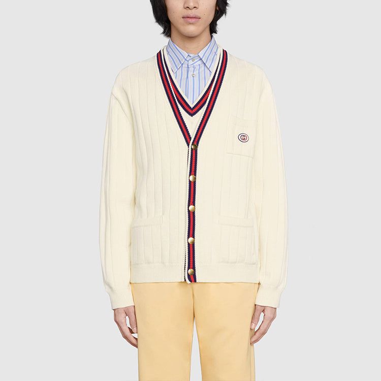 Gucci Knit Cotton V-Neck Cardigan With Web 'Ivory' 654984-XKBUR-9182 sold by KicksCrew product image thumbnail 2