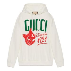 (WMNS) Gucci Cotton jersey hooded sweatshirt with Gucci Depuis 1921 cat print 'White' 717427-XJFNL-9095 sold by KicksCrew