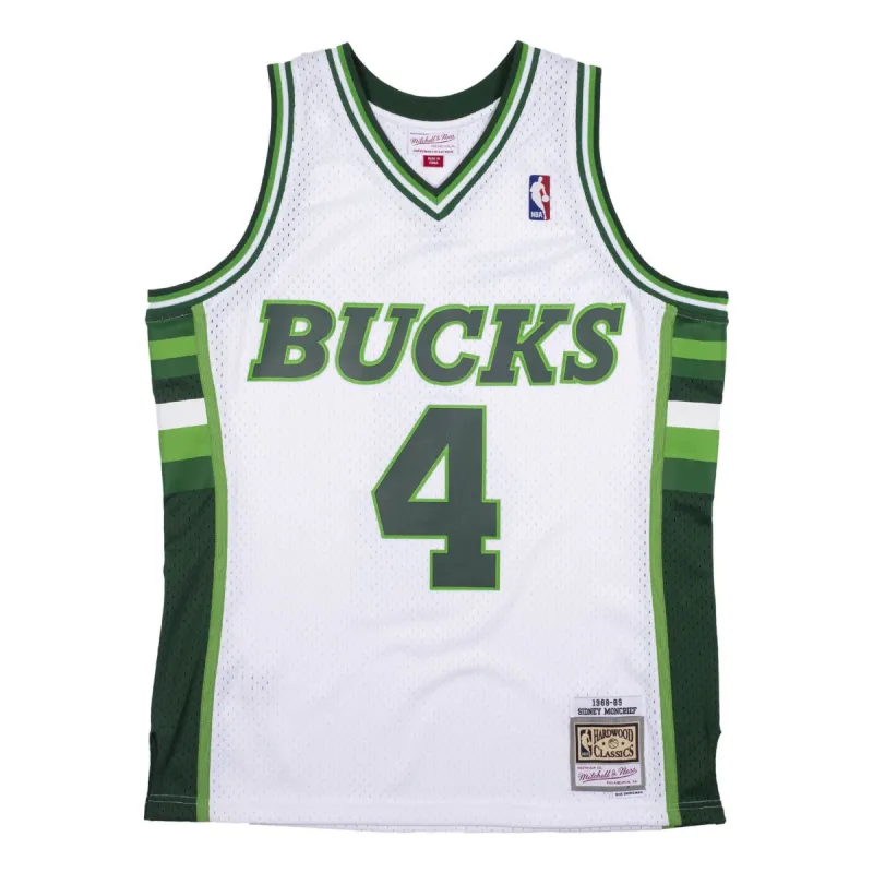 Mitchell & Ness x NBA Milwaukee Bucks 1988-89 Swingman Jersey 'Sidney Moncrief 4' SMJYCP19229-MBUWHIT88SMO sold by KicksCrew