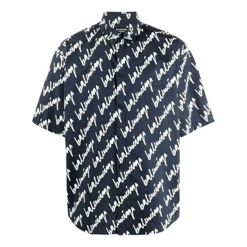 Balenciaga Allover Scribble Short Sleeve Shirt 'Dark Blue White' 681702TLLJ48502 sold by KicksCrew