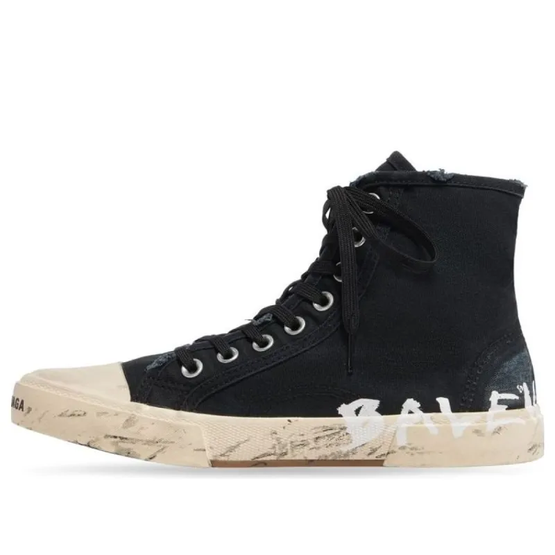 Balenciaga Paris High Top Sneakers 'Black Destroyed Cotton and White Rubber with Graffiti' 688752W3RR41099 sold by KicksCrew
