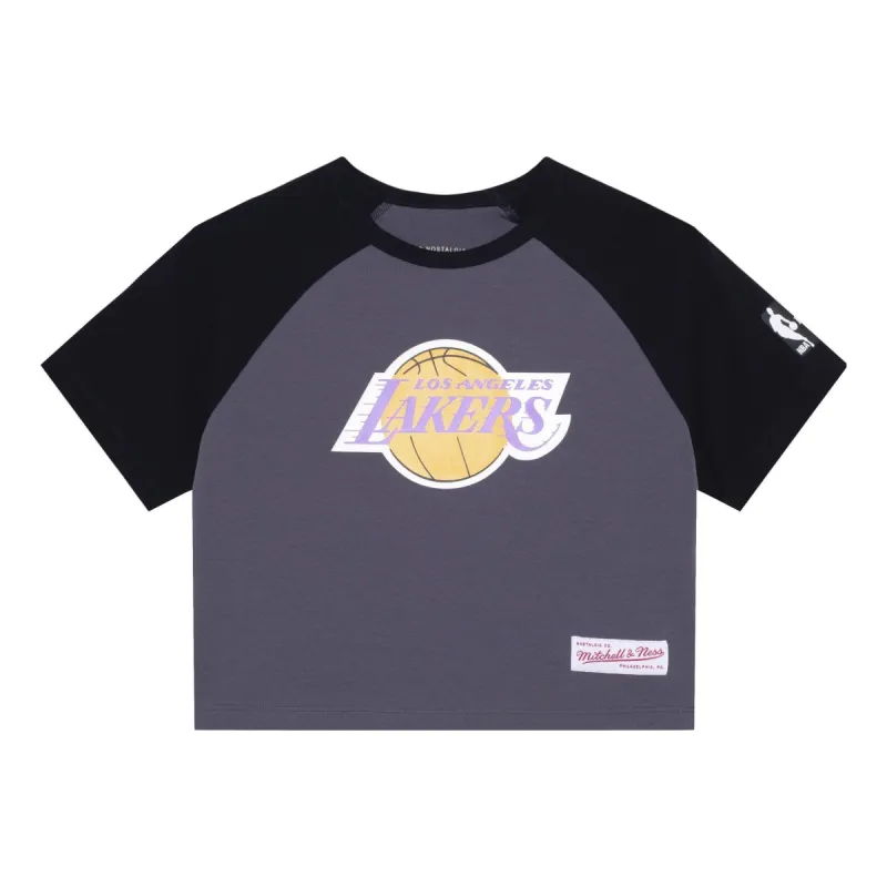(WMNS) Mitchell & Ness x NBA Los Angeles Lakers Short Board T-shirt 'White Black' MNJYSST23018-GRAY sold by KicksCrew