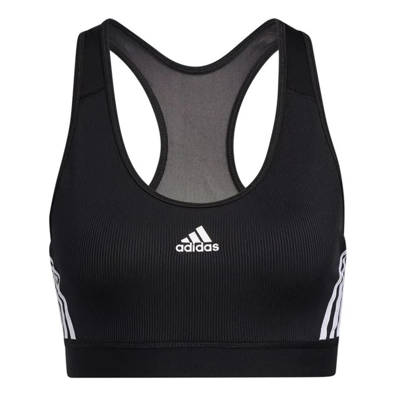 (WMNS) adidas Believe This 3-Stripes Medium Support Rib Bra Asia Sizing 'Black White' GL0570 sold by KicksCrew