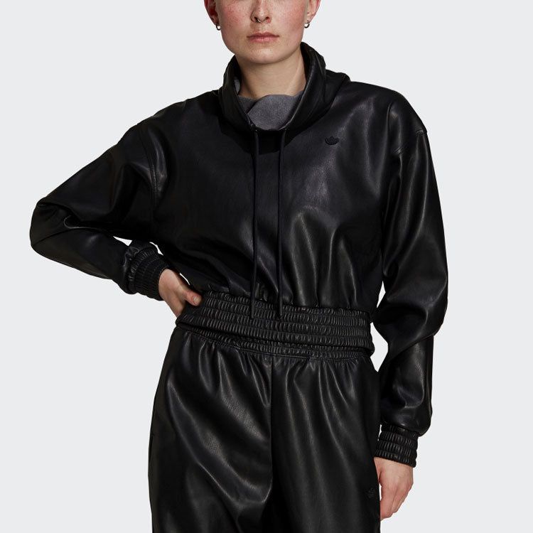 (WMNS) adidas Originals Adicolor Contemporary Cropped Pleather Sweatshirt 'Black' H66348 sold by KicksCrew product image thumbnail 2