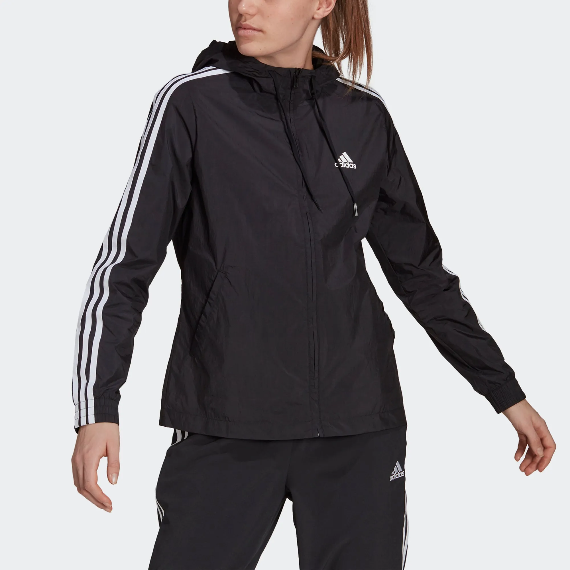 (WMNS) adidas 3-Stripes Hooded Windbreaker Jacket 'Black White' GR9602 sold by KicksCrew product image thumbnail 2