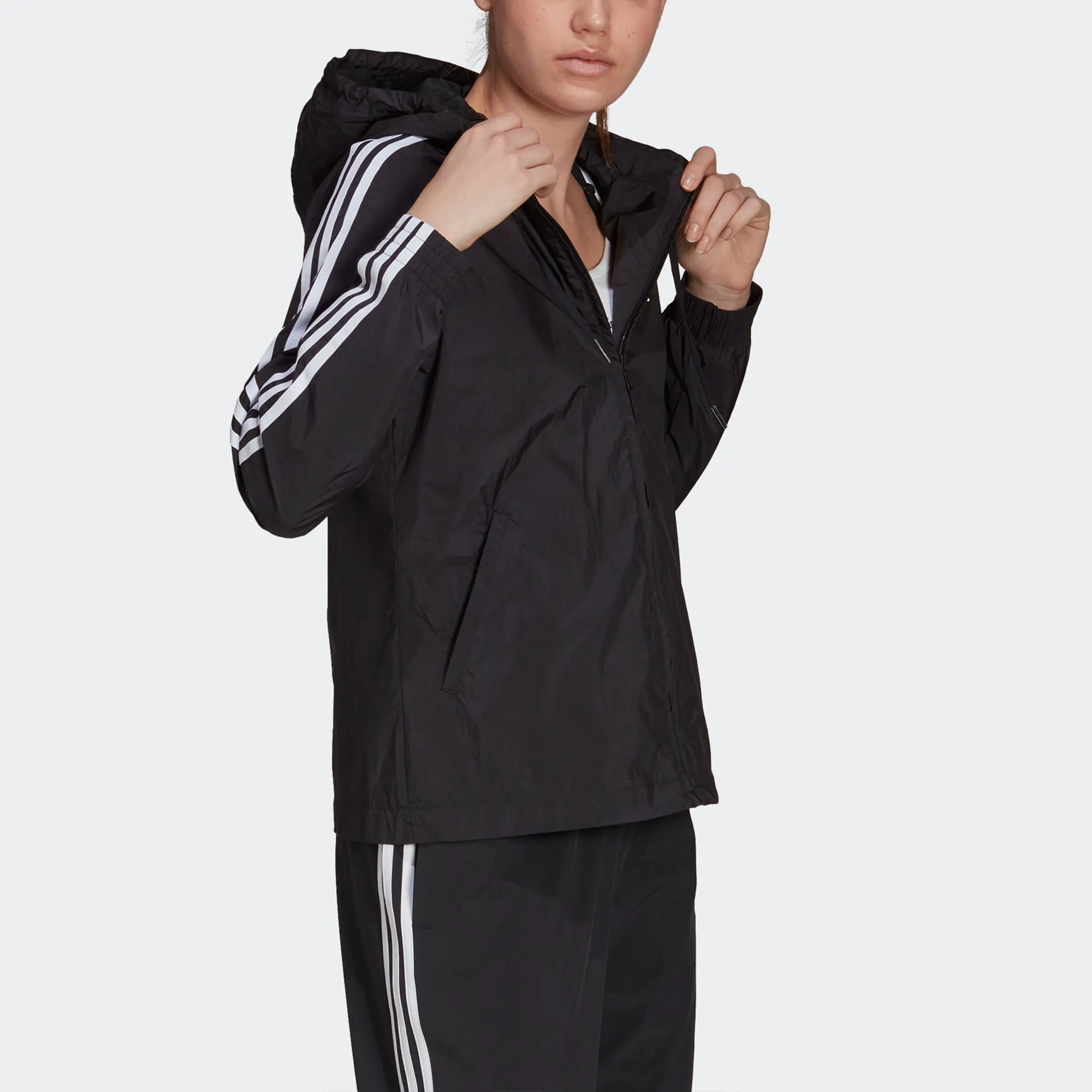 (WMNS) adidas 3-Stripes Hooded Windbreaker Jacket 'Black White' GR9602 sold by KicksCrew product image thumbnail 4