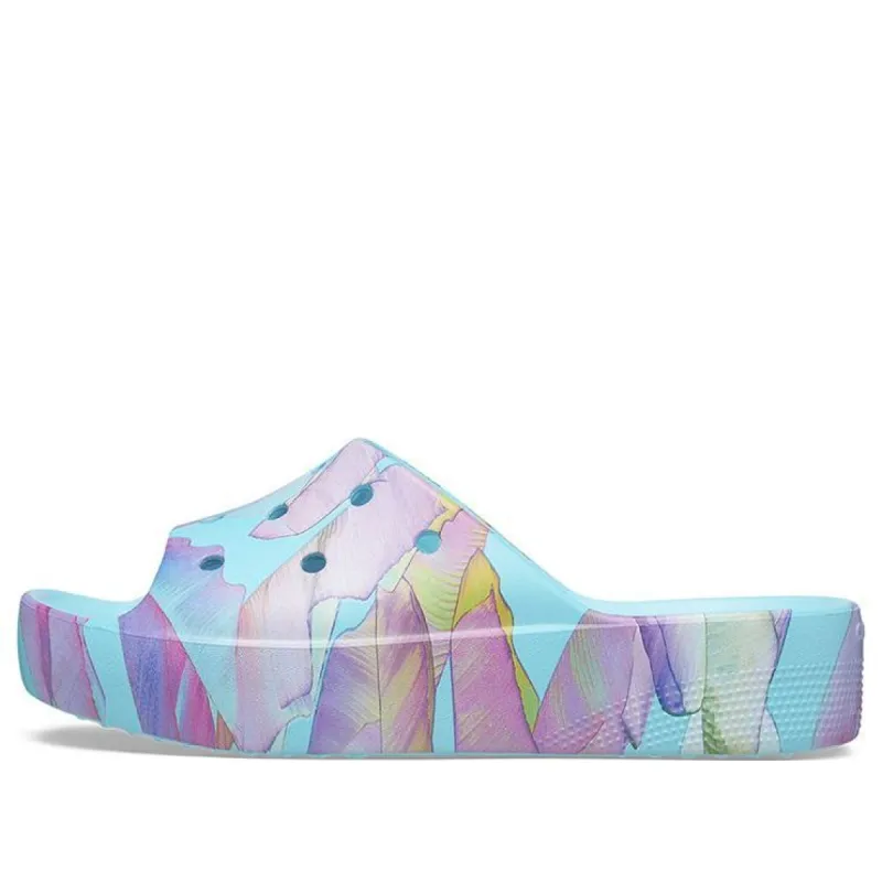 (WMNS) Crocs Classic Platform Palm Print Slide 'Blue Multi-Color' 208607-4NQ sold by KicksCrew