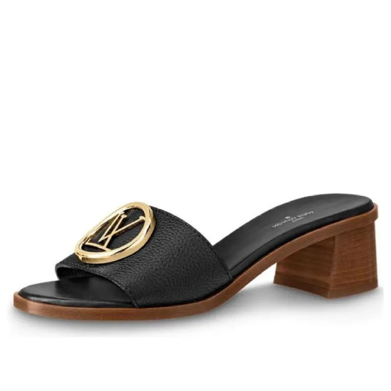 (WMNS) LOUIS VUITTON Lock It Heeled Mules 'Black' 1A57DG sold by KicksCrew