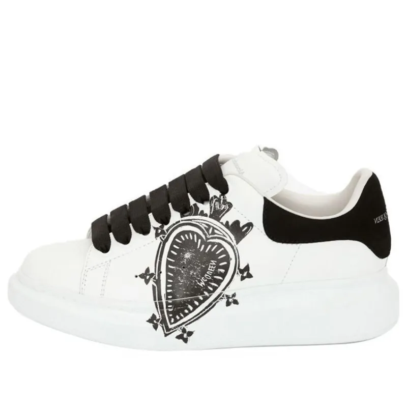 (WMNS) Alexander McQueen Leather Heart Logo Lace Up Oversized Sneakers 'White Black' 667570WIAF39061 sold by KicksCrew