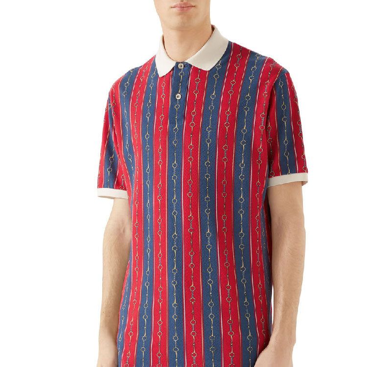 Gucci Oversize Polo With Horsebit Chain Print 'Blue Red