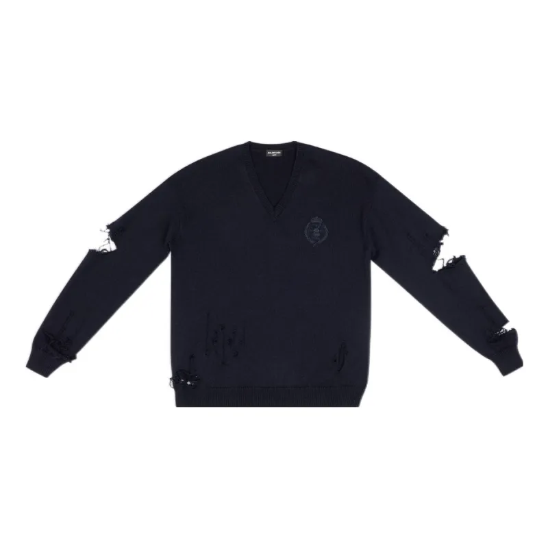 Balenciaga Destroyed V-Neck Knit Sweater 'Navy' 696091T16420414 sold by KicksCrew