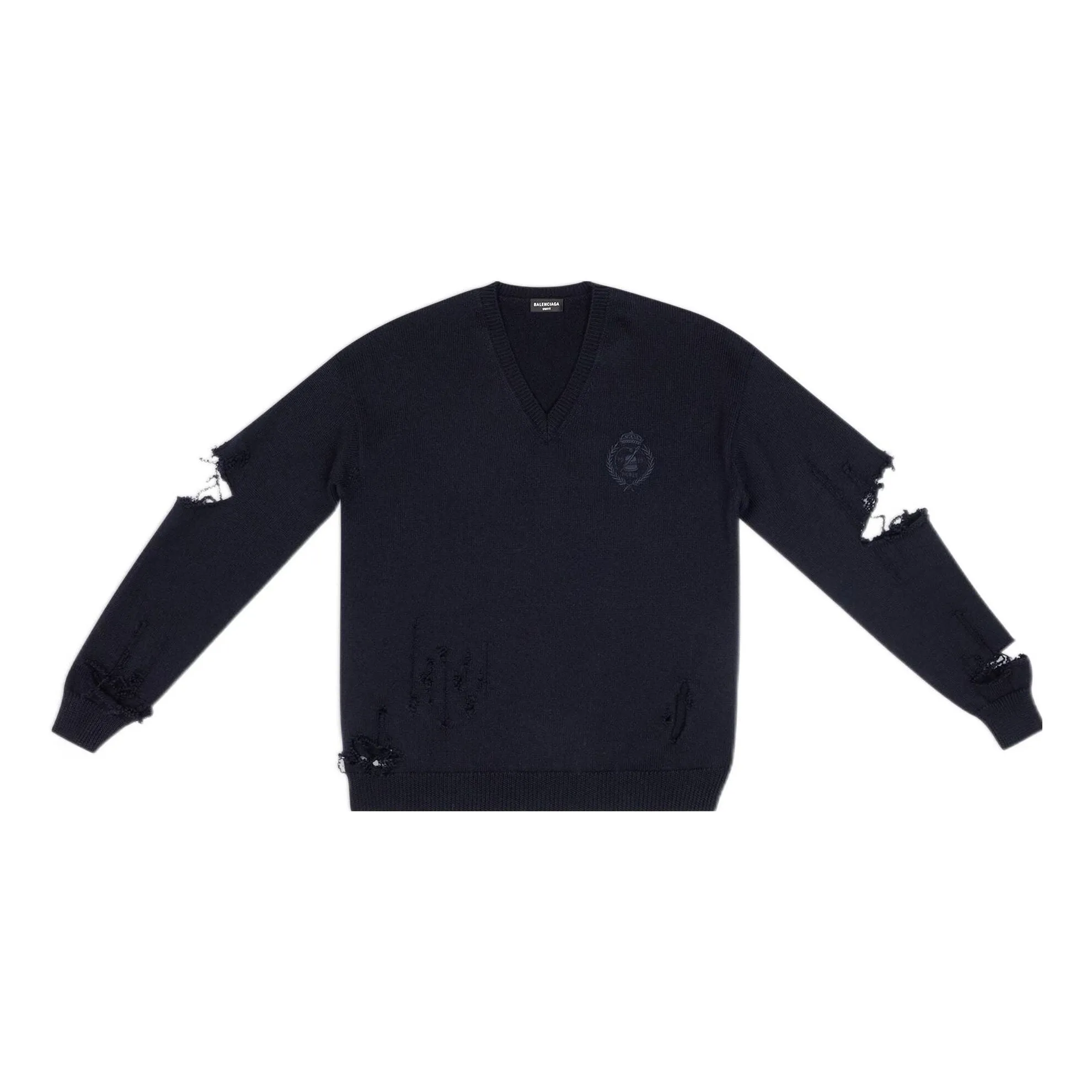 Balenciaga Destroyed V-Neck Knit Sweater 'Navy' 696091T16420414 sold by KicksCrew