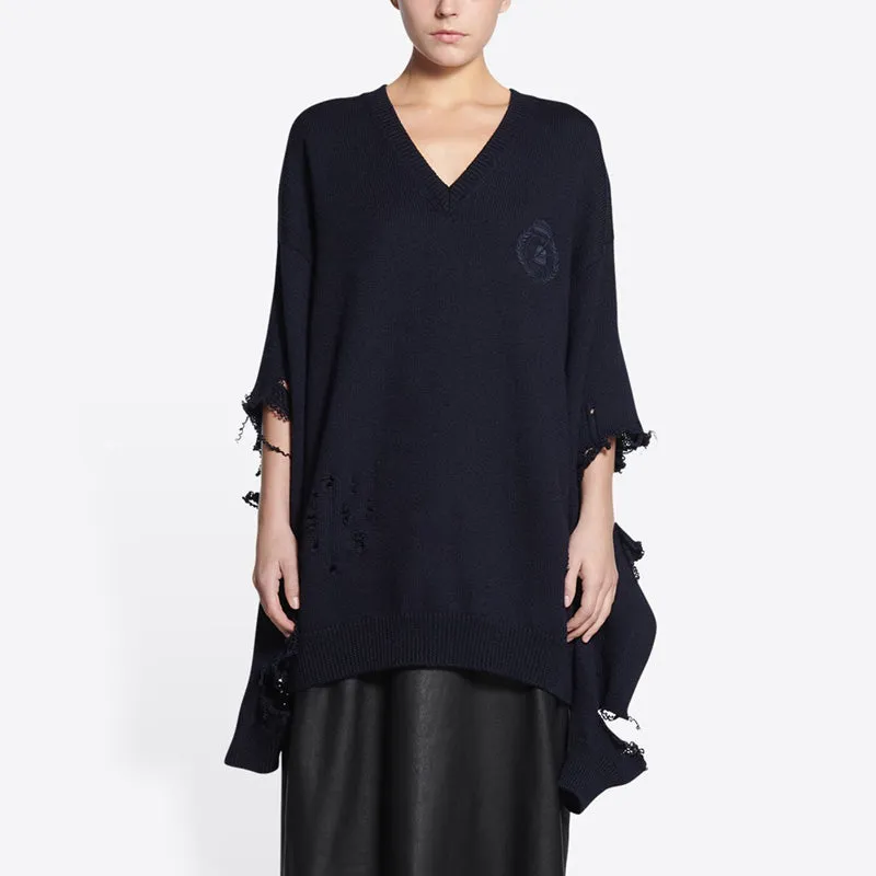 Balenciaga Destroyed V-Neck Knit Sweater 'Navy' 696091T16420414 sold by KicksCrew product image thumbnail 4