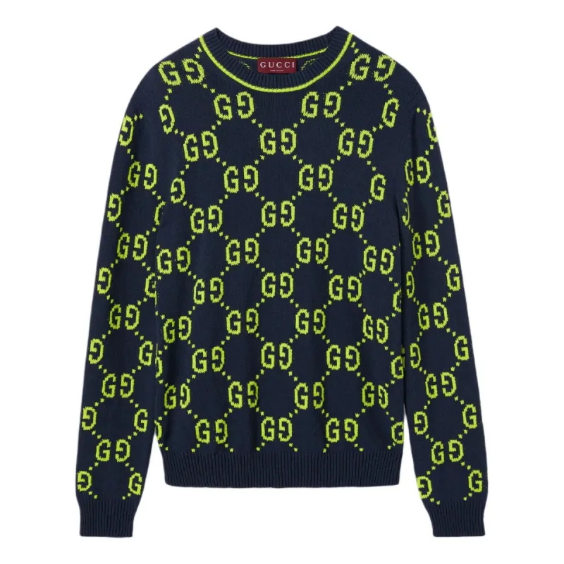 Gucci GG Cotton Jacquard Crewneck Sweater 'Navy Lime Green' 791043-XKD35-0401 sold by KicksCrew