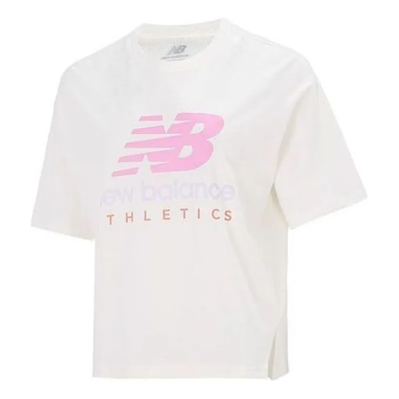 (WMNS) New Balance Essentials Stacked Logo Tee 'White Pink' AWT21503-SST sold by KicksCrew