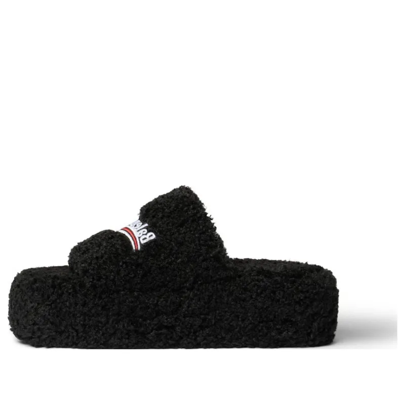 (WMNS) Balenciaga Furry Platform Sandals 'Black Fake Shearling White and Red Political Campaign Embroideries' 762826W2DO11096 sold by KicksCrew