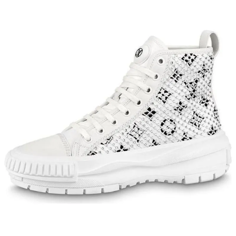 (WMNS) LOUIS VUITTON LV Squad Ankle Sneakers 'White with Crystal Monogram' 1A9RZO sold by KicksCrew