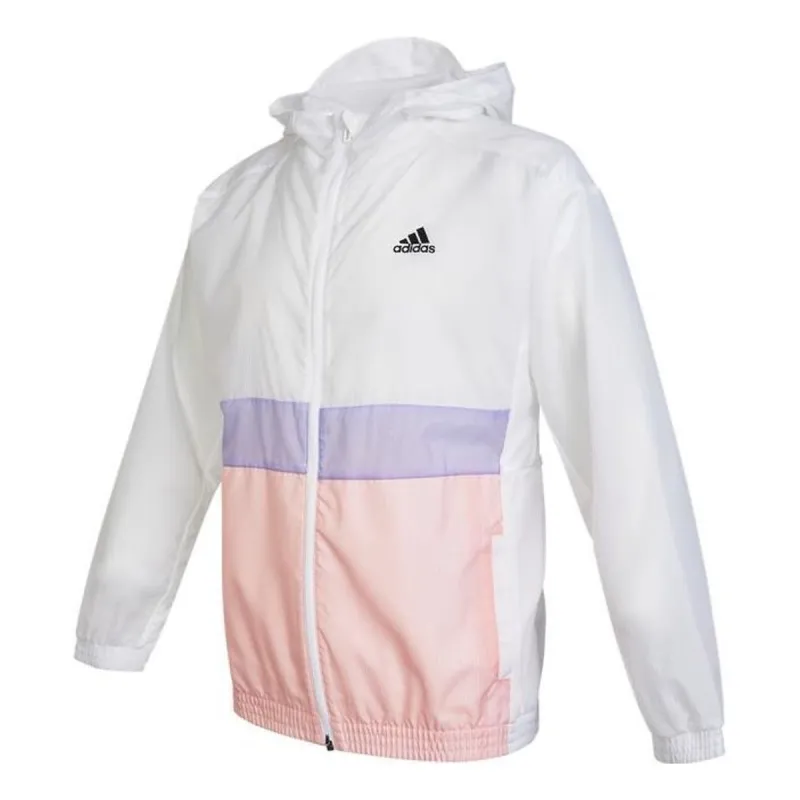 (GS) adidas Logo Windbreaker Jacket 'White Pink Purple' HE2563 sold by KicksCrew