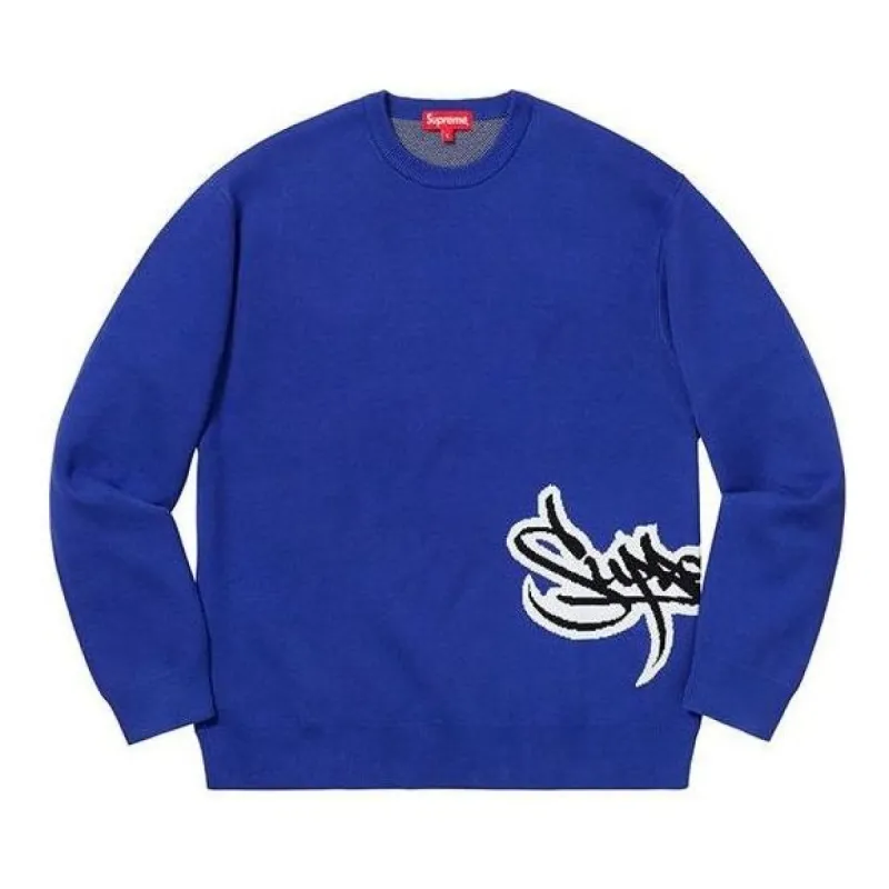 Supreme SS19 Tag Logo Sweater Royal Logo Sweater 'Blue' SUP-SS19-151 sold by KicksCrew