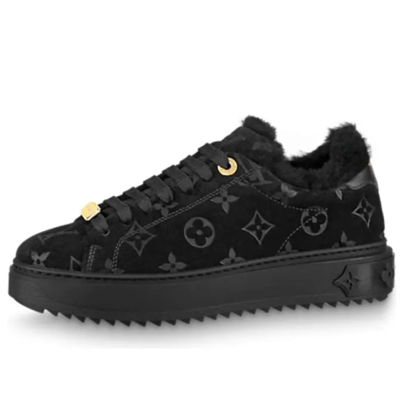 (WMNS) LOUIS VUITTON Time Out Shearling Sneakers 'Black Monogram with Gold' 1A95KN sold by KicksCrew