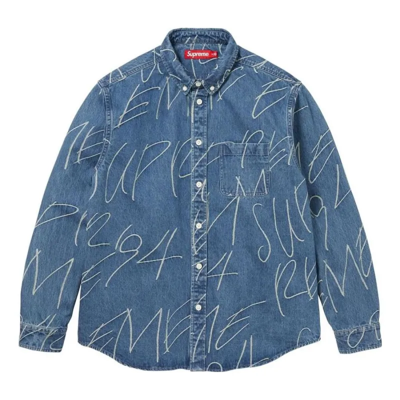 Supreme FW23 Week 8 Handwriting Jacquard Denim Shirt 'Blue' SUP-FW23-152 sold by KicksCrew