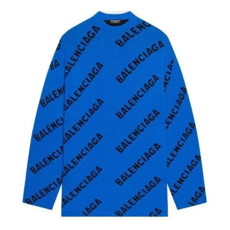 Balenciaga All Over Logo Crewneck Wool Knit Sweater 'Blue' 657400T15673964 sold by KicksCrew