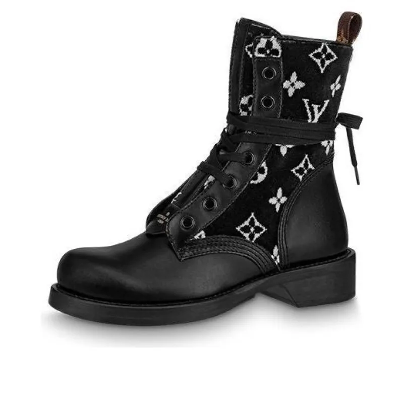 (WMNS) LOUIS VUITTON Metropolis Flat Ranger Boots 'Black with White Monogram' 1A95Z4 sold by KicksCrew