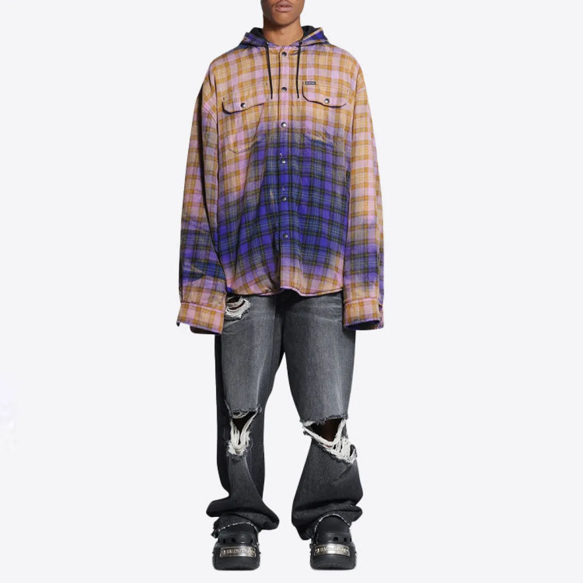 Balenciaga Bleached Plaid Long Sleeve Hooded Shirt 'Purple Beige