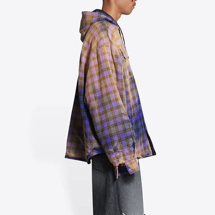Balenciaga Bleached Plaid Long Sleeve Hooded Shirt 'Purple