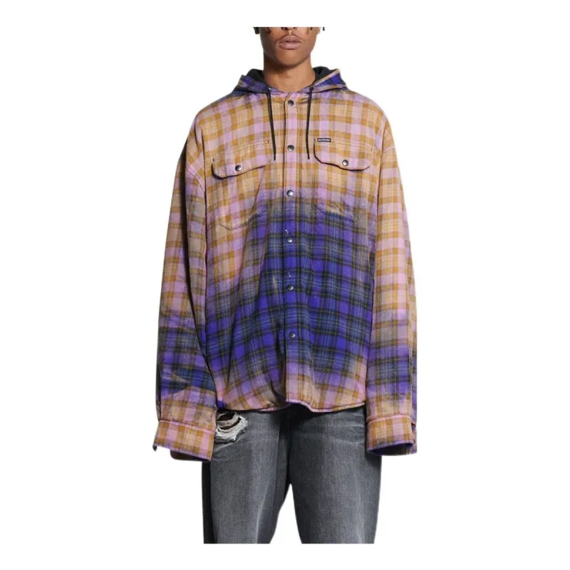 Balenciaga Bleached Plaid Long Sleeve Hooded Shirt 'Purple Beige' 699223TMM095212 sold by KicksCrew