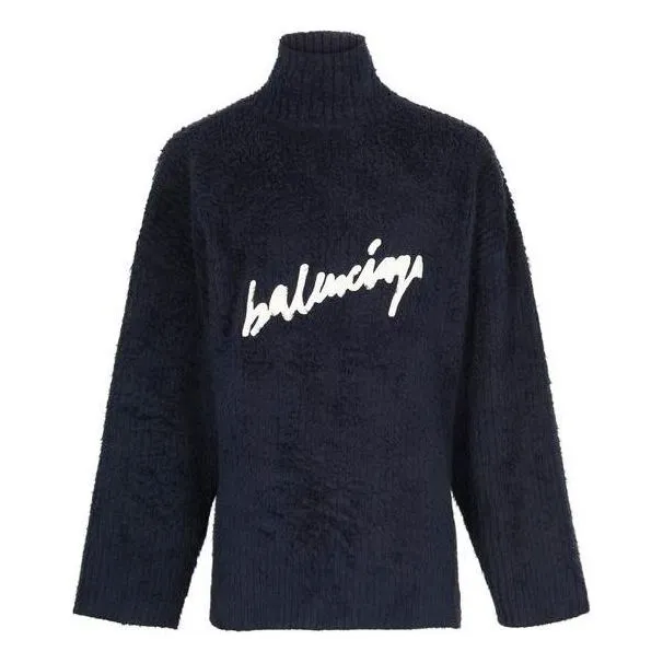 Balenciaga Brushed Cotton Scribble Logo Turtleneck Jersey Sweater 'Navy' 625935T31828065 sold by KicksCrew