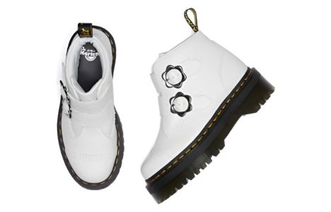 (WMNS) Dr.Martens Devon Flower Buckle Leather Platform Boots 'White Black' 27642100 sold by KicksCrew