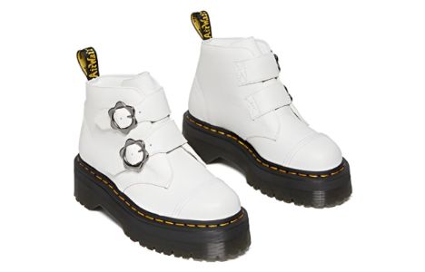 (WMNS) Dr.Martens Devon Flower Buckle Leather Platform Boots 'White Black' 27642100 sold by KicksCrew