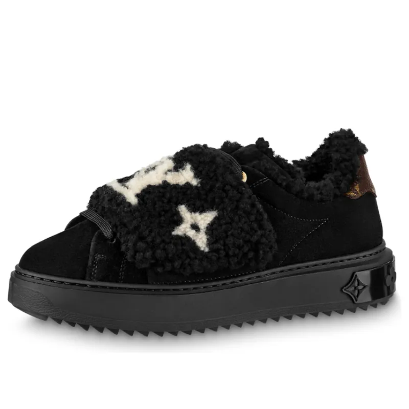 (WMNS) LOUIS VUITTON LV Time Out Furry Sneakers 'Black with Brown and White Logo' 1AADTK sold by KicksCrew