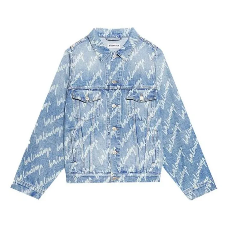 Balenciaga Allover Script Logo Denim Jacket 'Light Blue White' 681690TJW904200 sold by KicksCrew