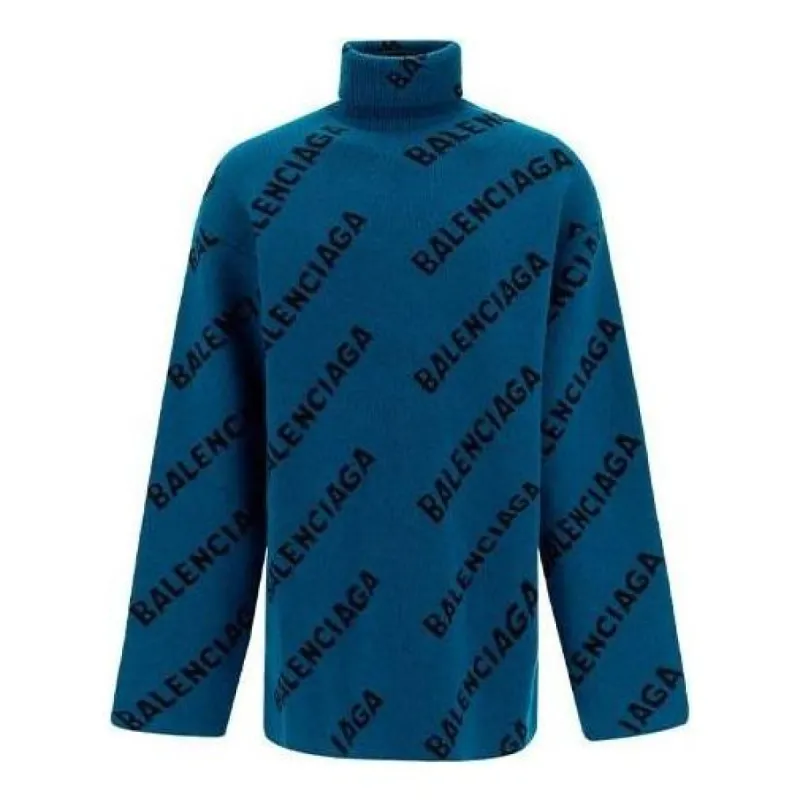 Balenciaga All Over Logo Turtleneck Sweater 'Petrol Blue' 657402T15672470 sold by KicksCrew