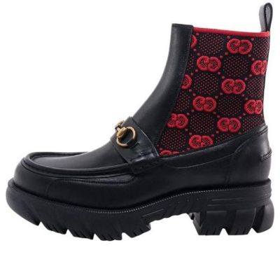 (WMNS) Gucci Horsebit GG Jersey Boot 'Black Red' 718708-AAA4Y-1071 sold by KicksCrew