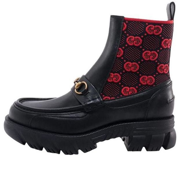 (WMNS) Gucci Horsebit GG Jersey Boot 'Black Red' 718708-AAA4Y-1071 sold by KicksCrew