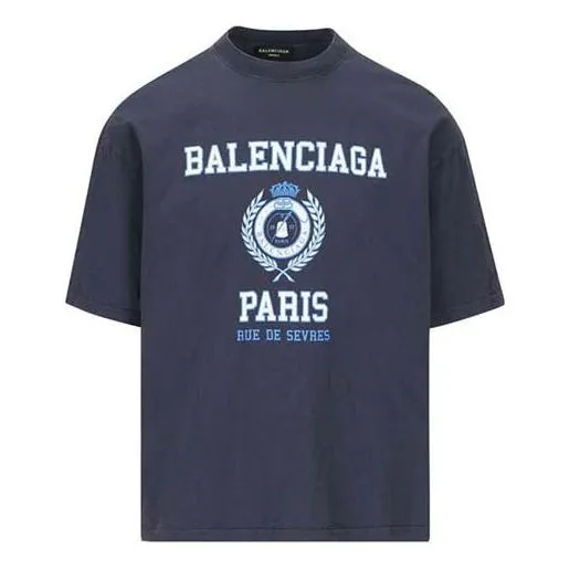 Balenciaga Varsity Logo Short Sleeve T-Shirt 'Navy' 612966TMV954140 sold by KicksCrew