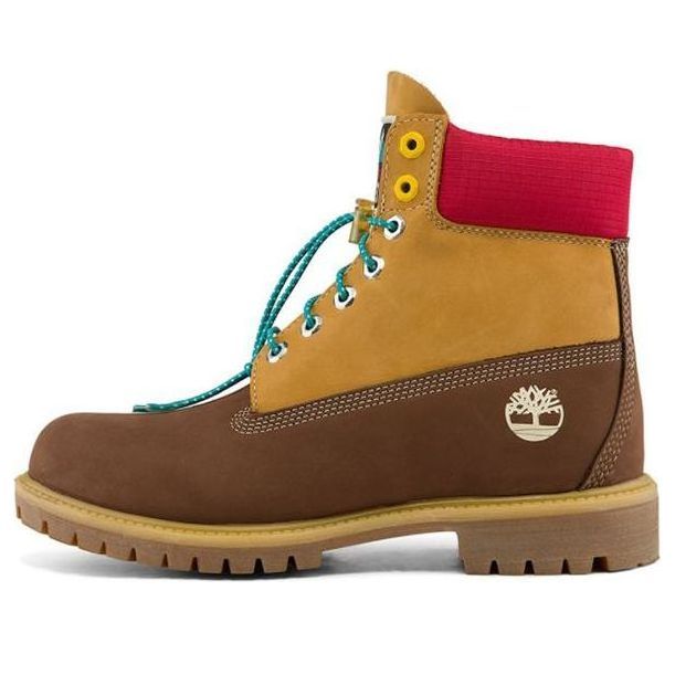 Timberland Premium 6 Inch Waterproof Wide Fit Boots 'Brown Nubuck with Yellow and Red Collar' A2NC8W sold by KicksCrew