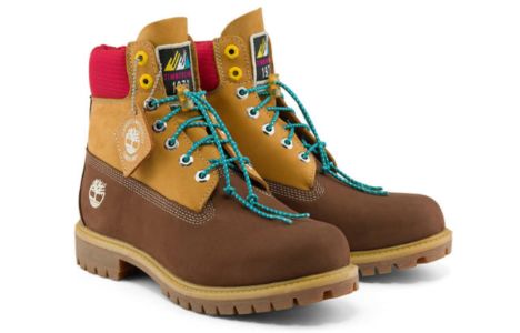 Timberland Premium 6 Inch Waterproof Wide Fit Boots 'Brown Nubuck with Yellow and Red Collar' A2NC8W sold by KicksCrew