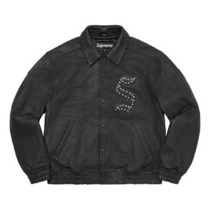Supreme Pebbled Leather Varsity Jacket 'Black White' SUP-FW21-126 sold by KicksCrew