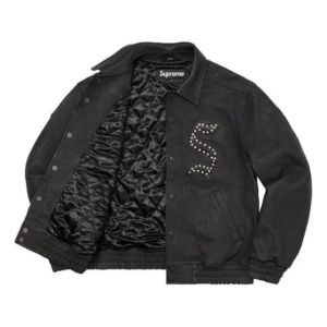 Supreme Pebbled Leather Varsity Jacket 'Black White' SUP-FW21-126 sold by KicksCrew