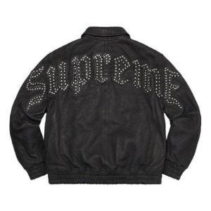 Supreme Pebbled Leather Varsity Jacket 'Black White' SUP-FW21-126 sold by KicksCrew