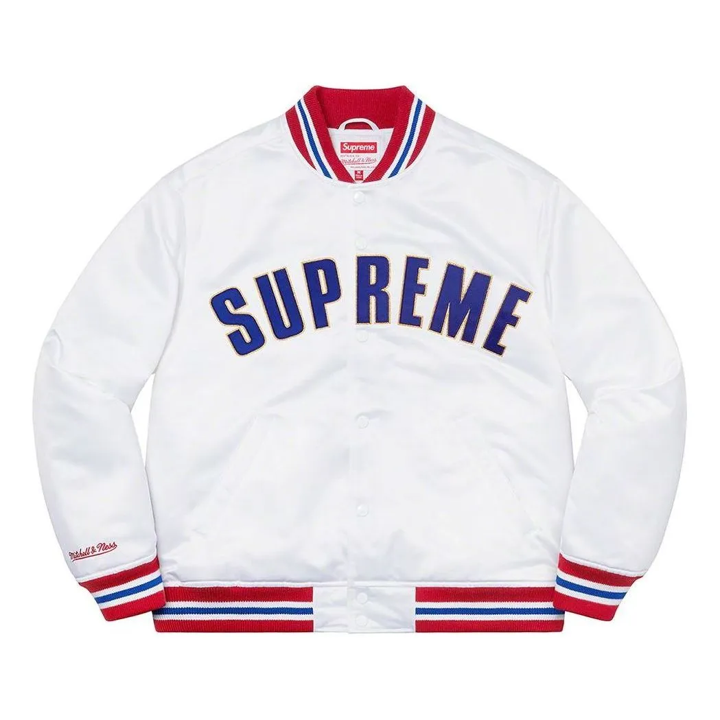Supreme x Mitchell & Ness Satin Varsity Jacket 'White Blue Red' SUP-SS21-643 sold by KicksCrew