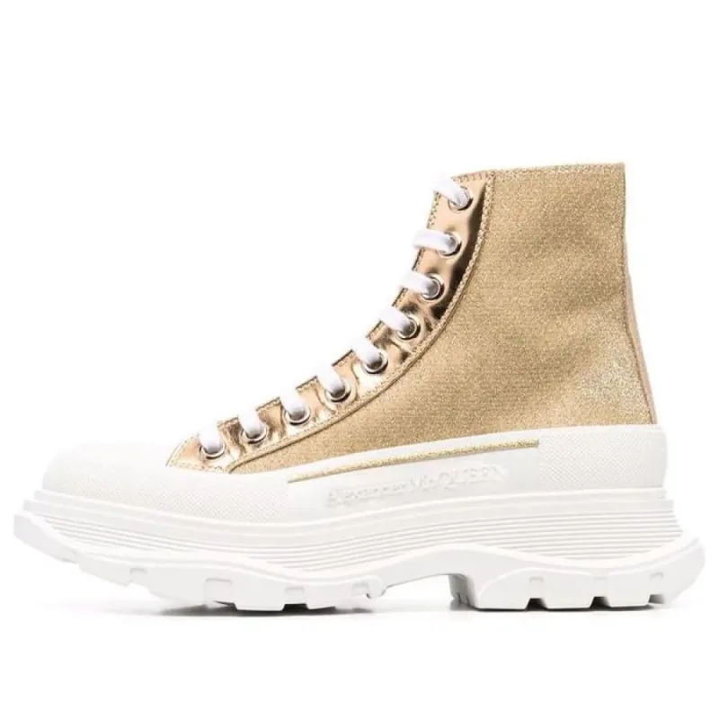 (WMNS) Alexander McQueen Glitter Tread Slick High-Top Sneakers 'Gold White' 685699W4SG18062 sold by KicksCrew